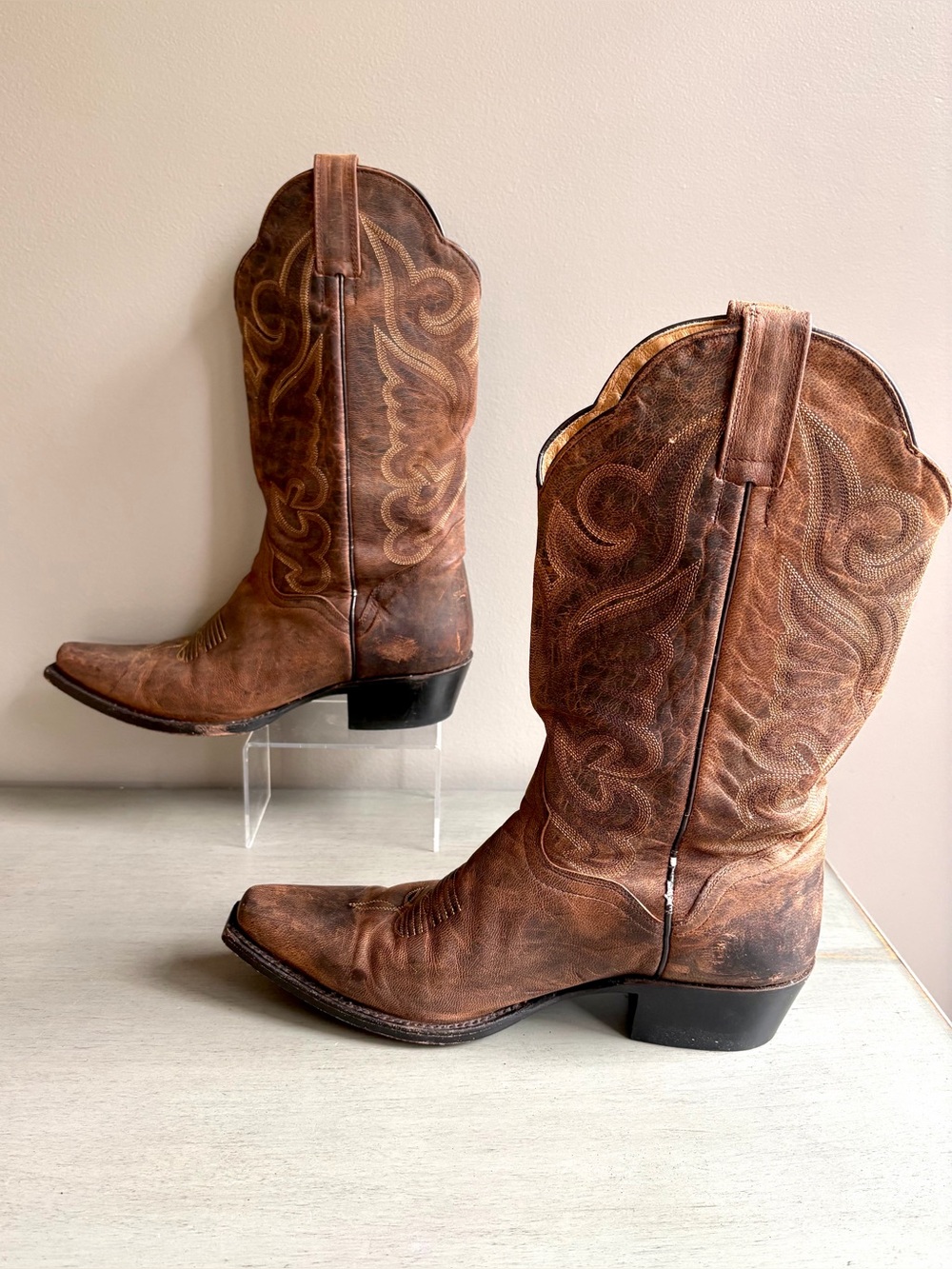 J.B. Dillon Brown Goat Leather Cowboy Western Work Boots Women 9 Pull On Mexico - Picture 10 of 14